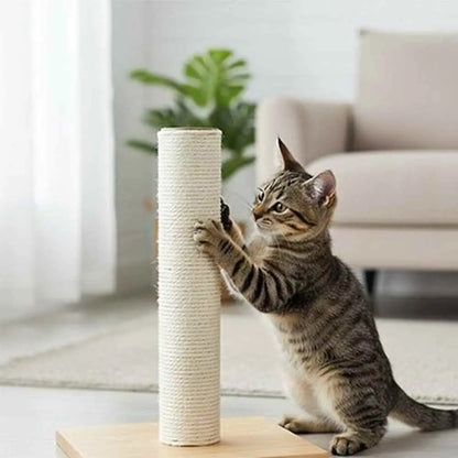 Griffoir pour chat, poteau en sisal beige et plateforme carrée au pied.