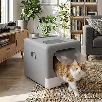Bac à litière pour chat fermé, ouverture supérieure et fenêtre transparente sur la façade