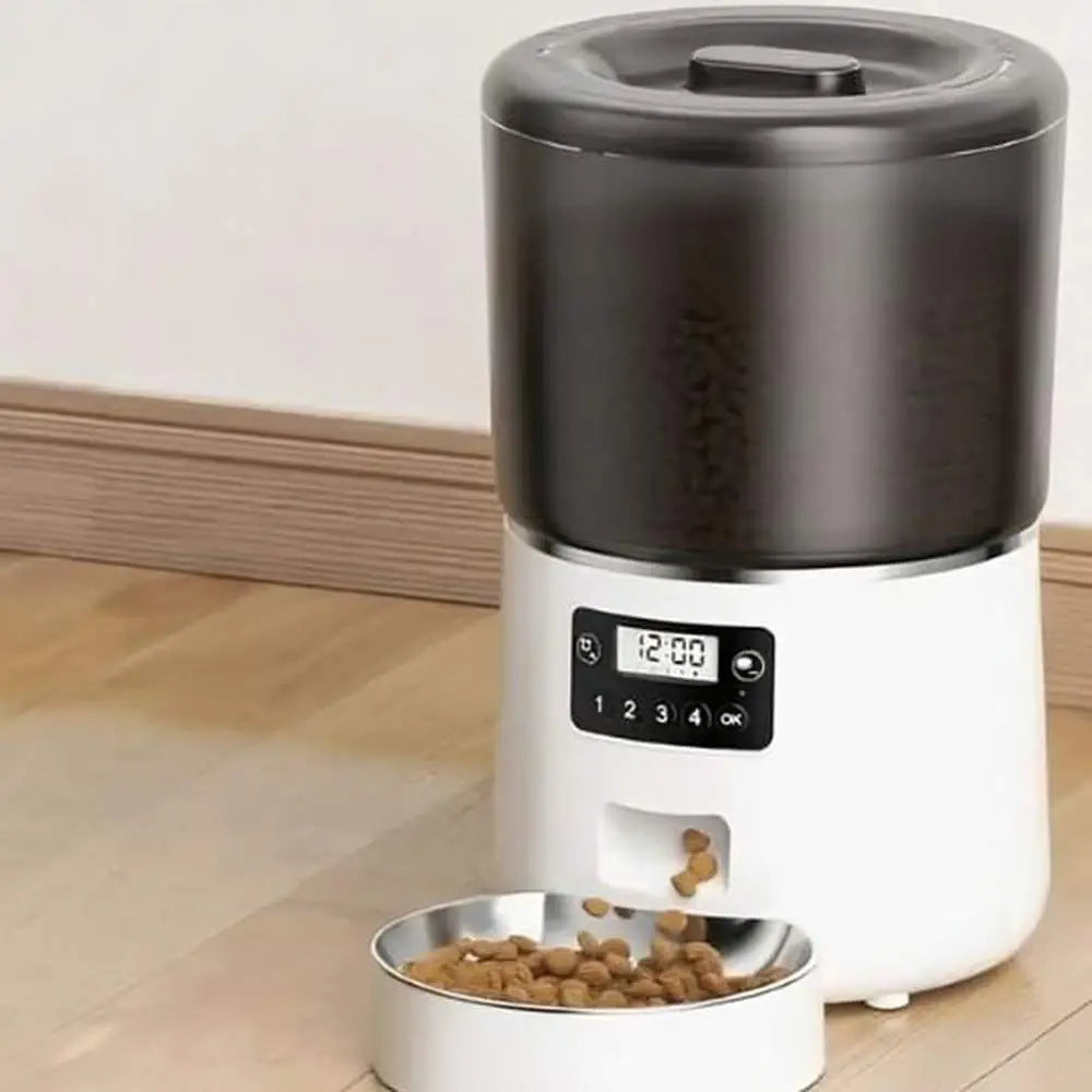 Distributeur automatique de croquettes pour chat FéliTimer blanc, avec panneau de contrôle