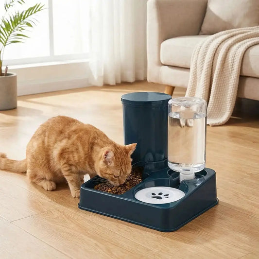 Distributeur de croquettes pour chat bleu foncé, base à deux compartiments