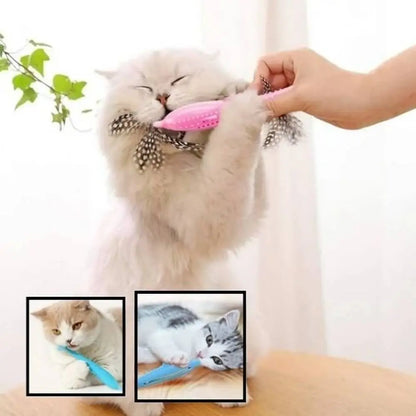Jouet pour chat Instinct+ : poisson rose présenté au chat par une main