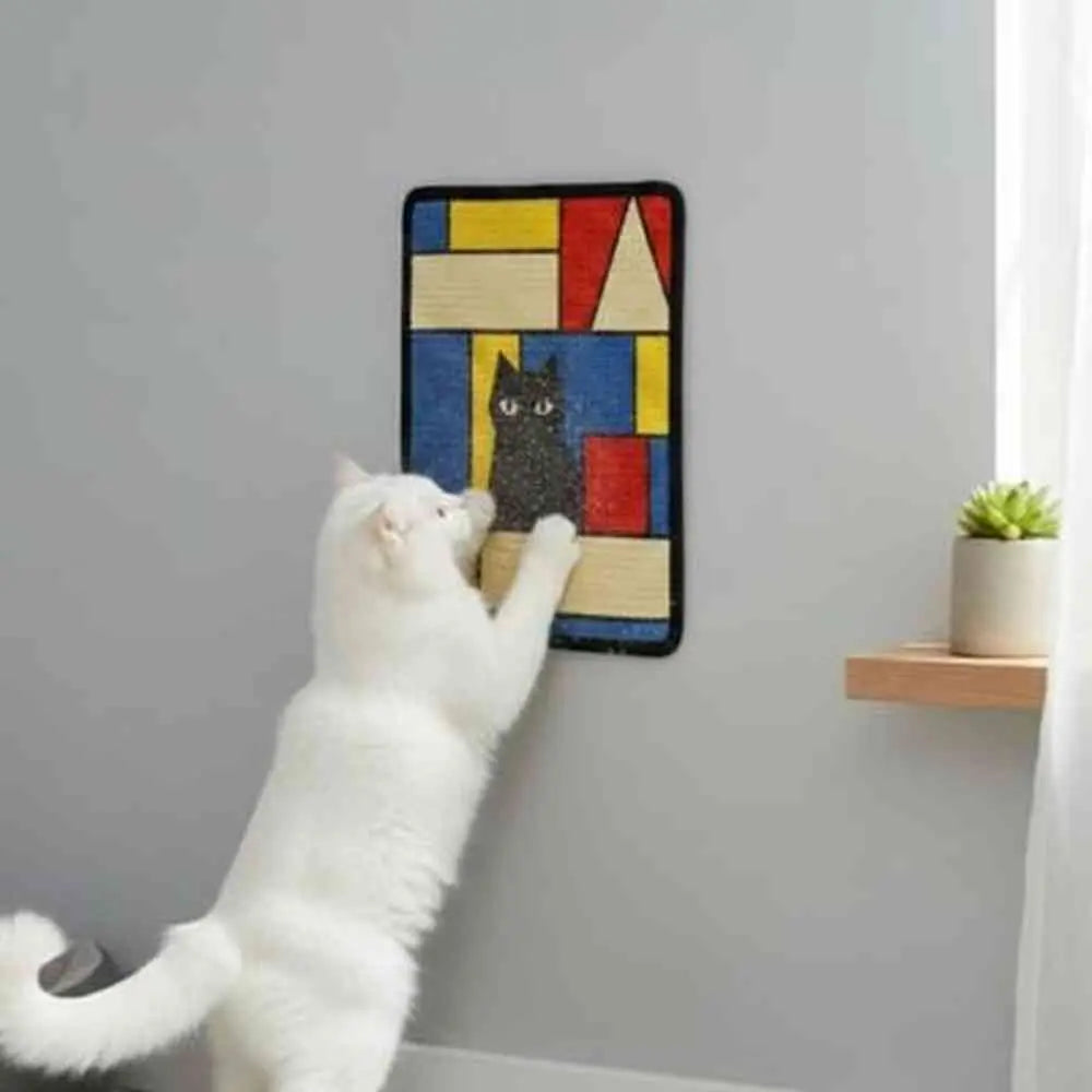Griffoir mural pour chat, tableau encadré noir avec motifs colorés et tête de chat