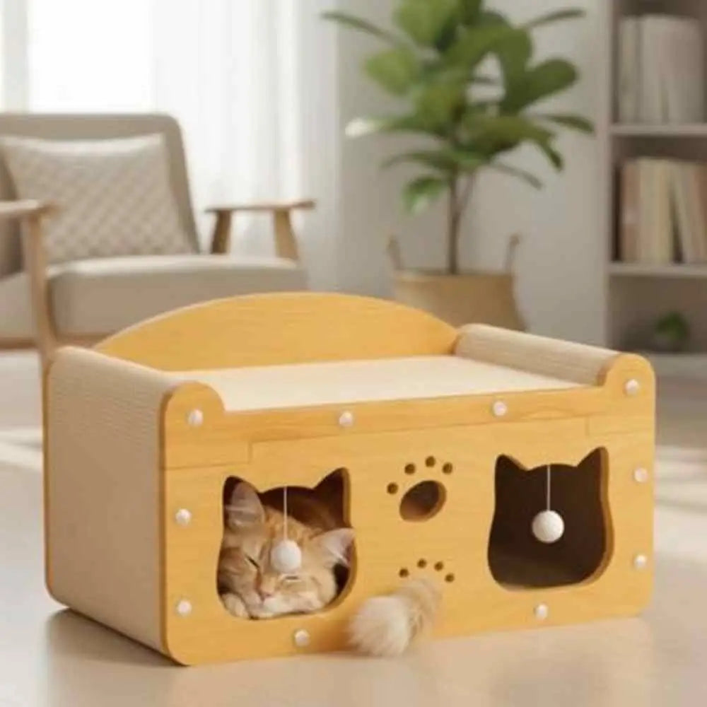 Griffoir pour chat en sisal naturel, caisse en bois clair avec deux fenêtres et jouet
