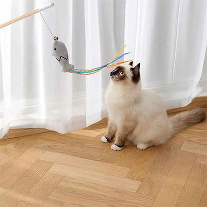 Canne à pêche pour chat : canne en bois, fil et souris tissu grise, rubans multicolores