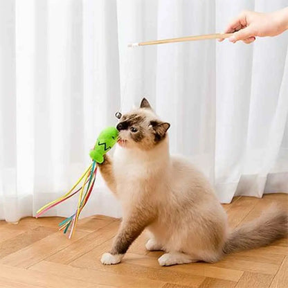 Canne à pêche pour chat : canne en bois, fil et souris tissu vert, rubans arc-en-ciel