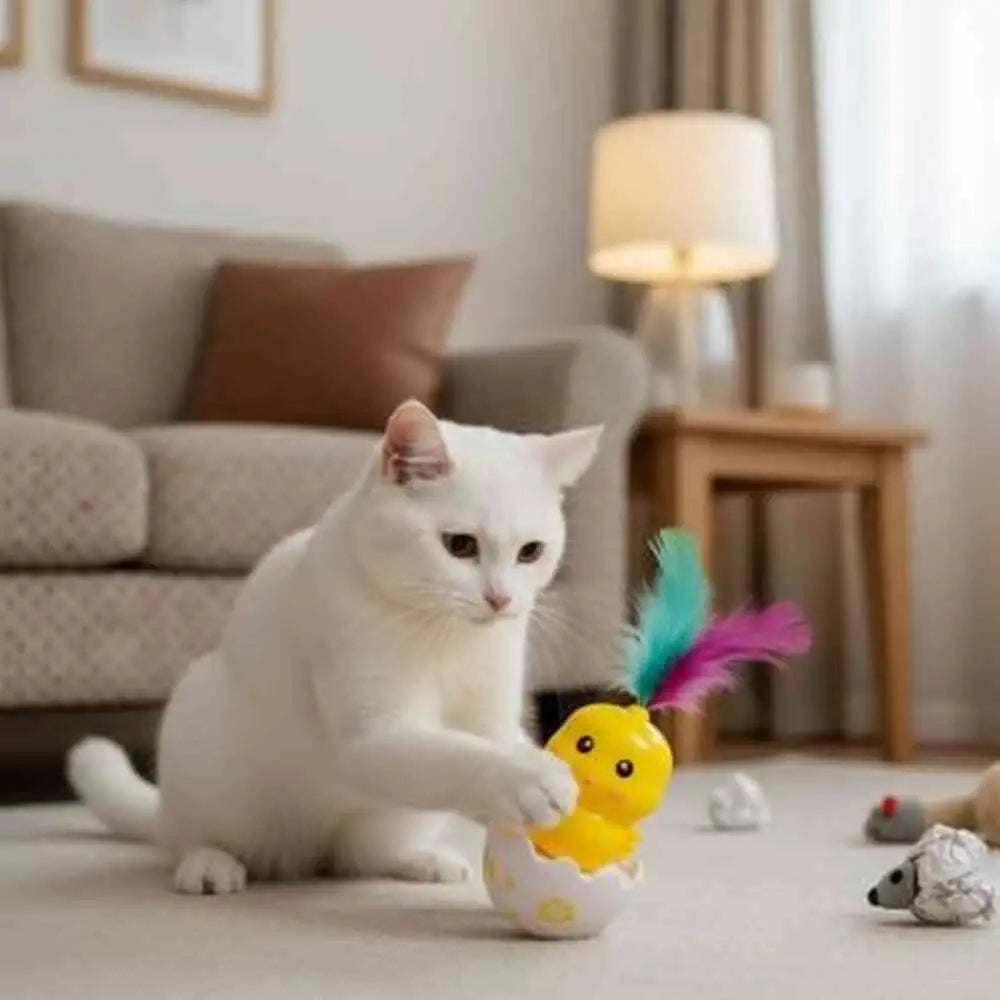 Jeu interactif pour chat : jouet poussin jaune à plumes arc-en-ciel sur base blanche.