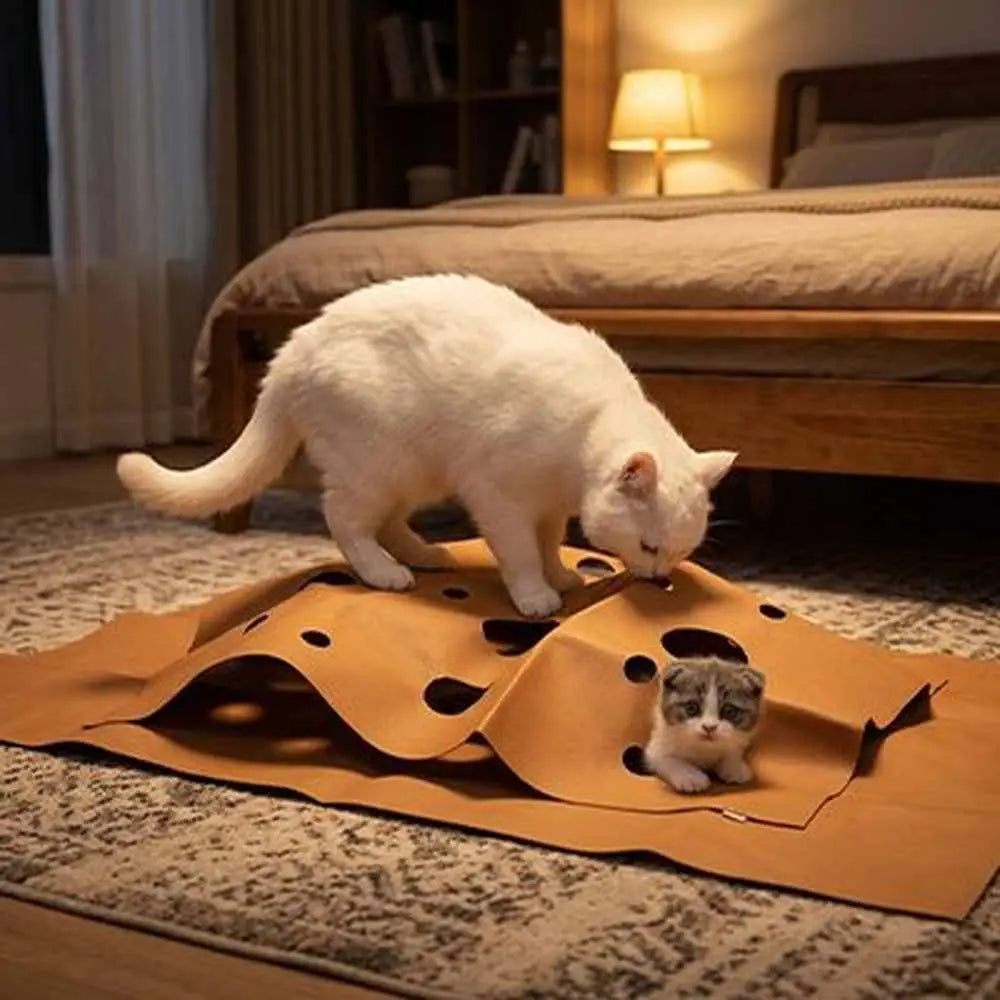 Tapis pour chat en carton brun avec trous ronds, utilisé par un chat blanc.