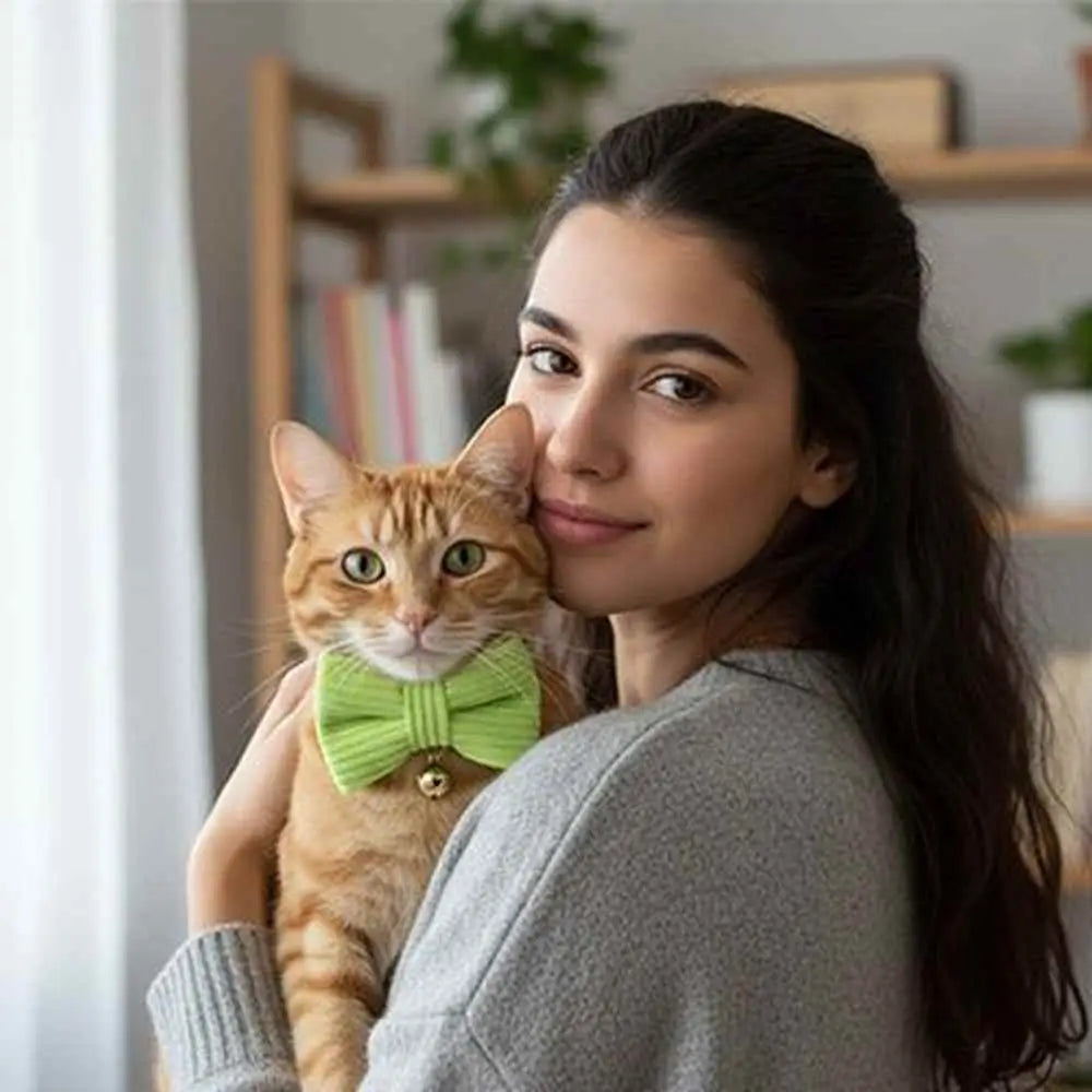 Collier de chat avec nœud papillon en velours côtelé vert sur le cou.