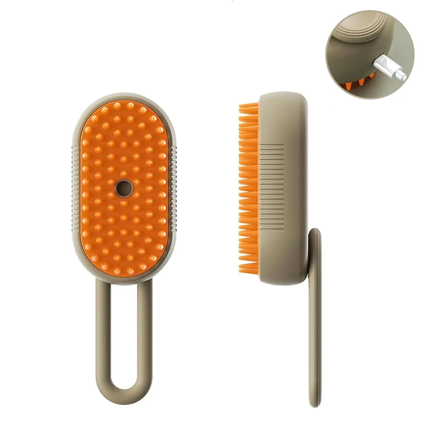 Brosse pour chat 3-en-1 beige : têtes de brossage avec picots orange et gicleur