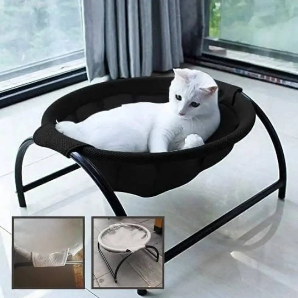 Hamac pour chat noir à bord arrondi, cadre noir, chat blanc couché près d’une fenêtre