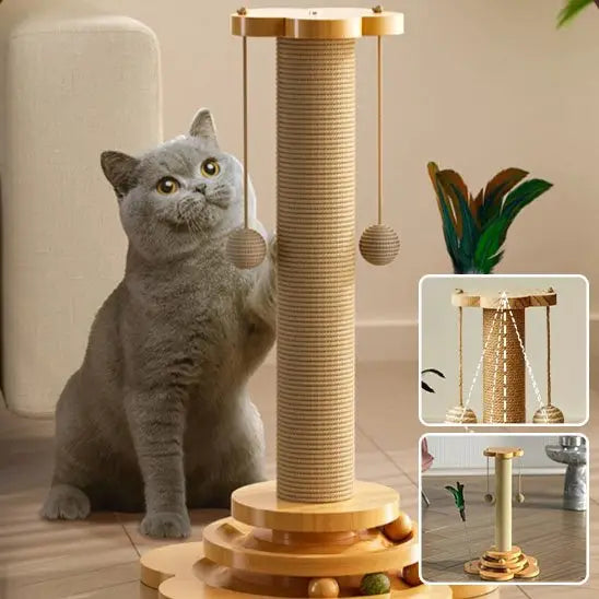 Arbre à chat en bois avec poteau à griffer en sisal et plateforme en étages