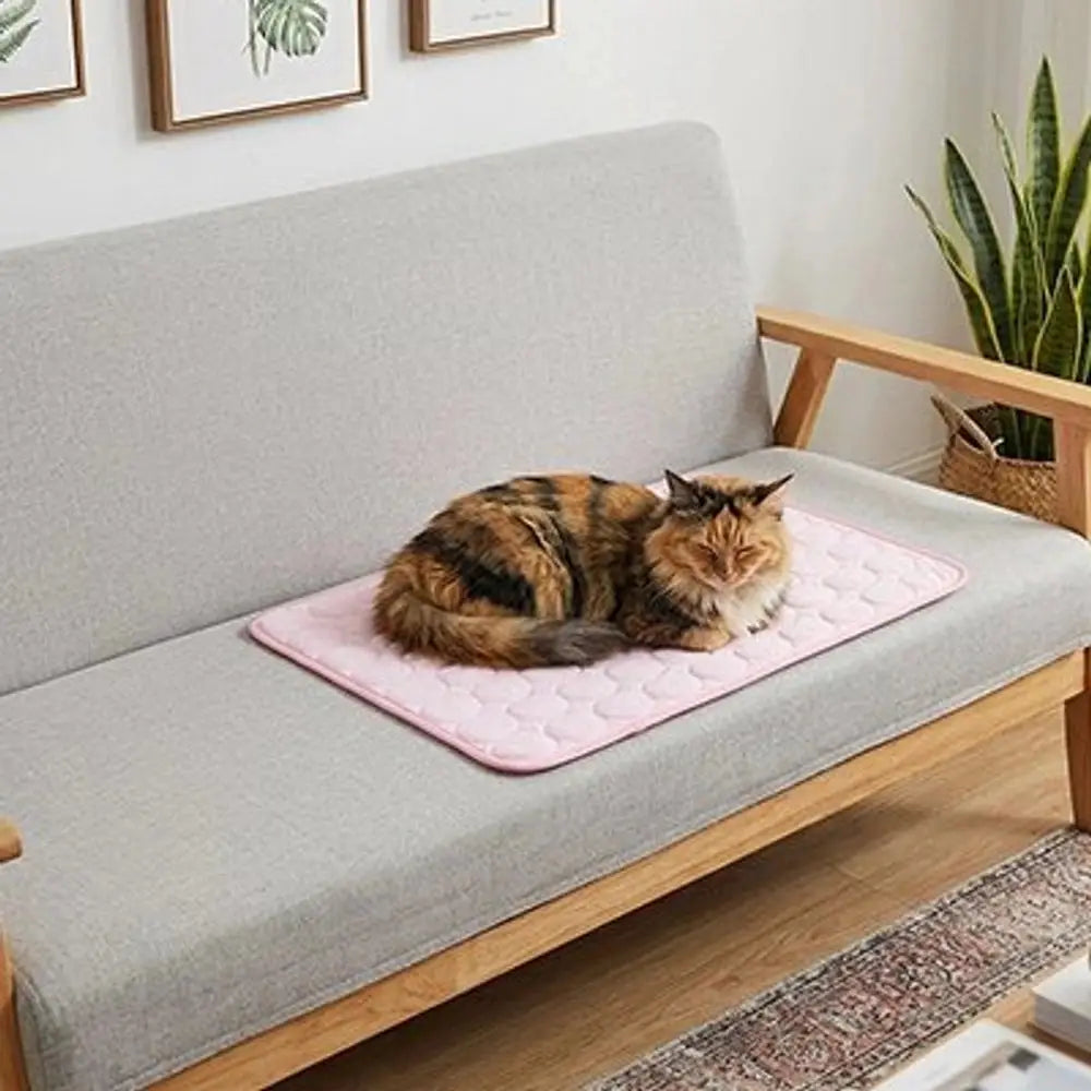 Tapis rafraîchissant pour chat rose clair, matelassage en relief, chat aux couleurs orange dessus.