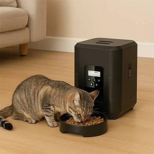 Distributeur de croquettes pour chat noir avec bol avant et panneau de commande