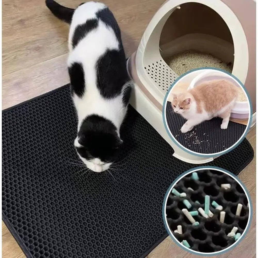 Tapis de litière pour chat double couche imperméable, alvéoles noires avec chat tigré