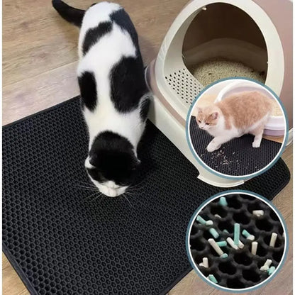 Tapis de litière pour chat double couche imperméable, alvéoles noires avec chat tigré