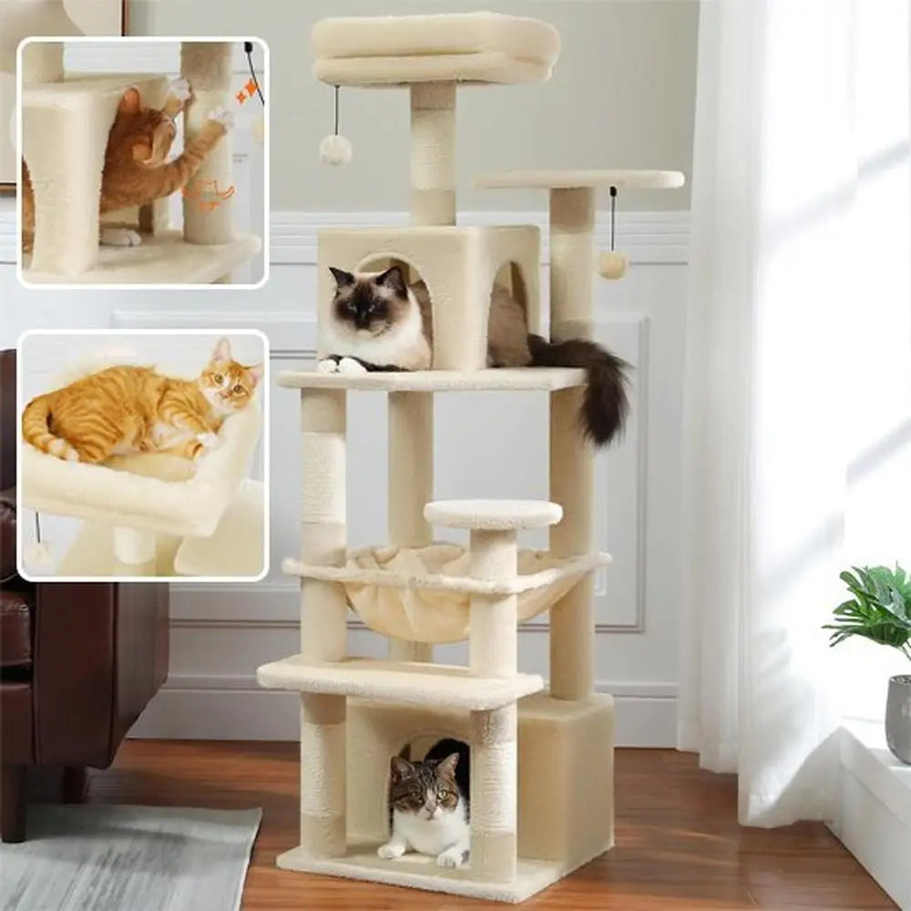 Arbre à chat multi-niveaux beige clair : plateformes, maison et boules pendantes