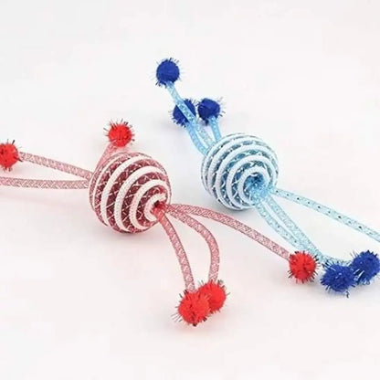 Jouet pour chat StimuCat Interactif, corde à macher rouge à rayures et bâton bleu à pompons