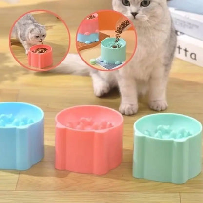 Gamelles anti-glouton pour chat roses, bleue et verte, bols ronds sur sol