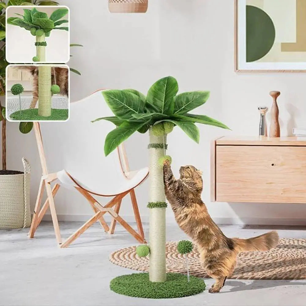 Griffoir pour chat avec poteau crème, base verte et boules décoratives en tissu