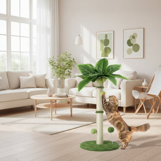 Griffoir pour chat avec poteau crème, base verte et boules décoratives en tissu