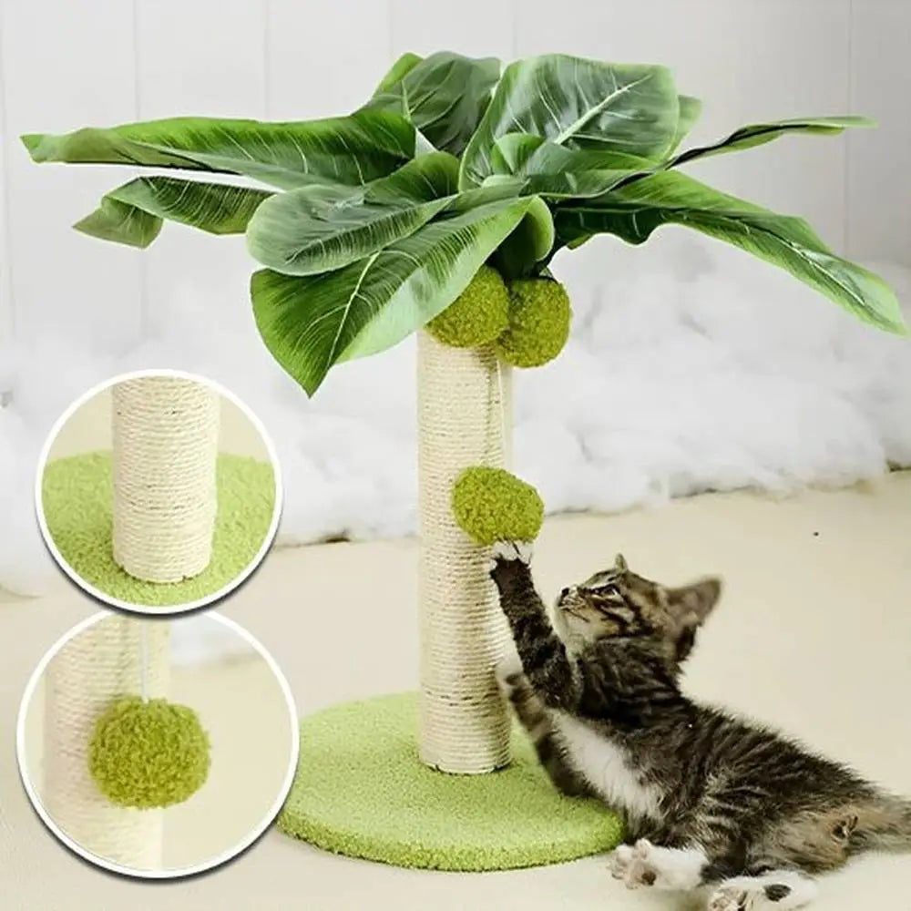 Griffoir pour chat FélinConfort, vue détaillée du poteau beige et des boules vertes