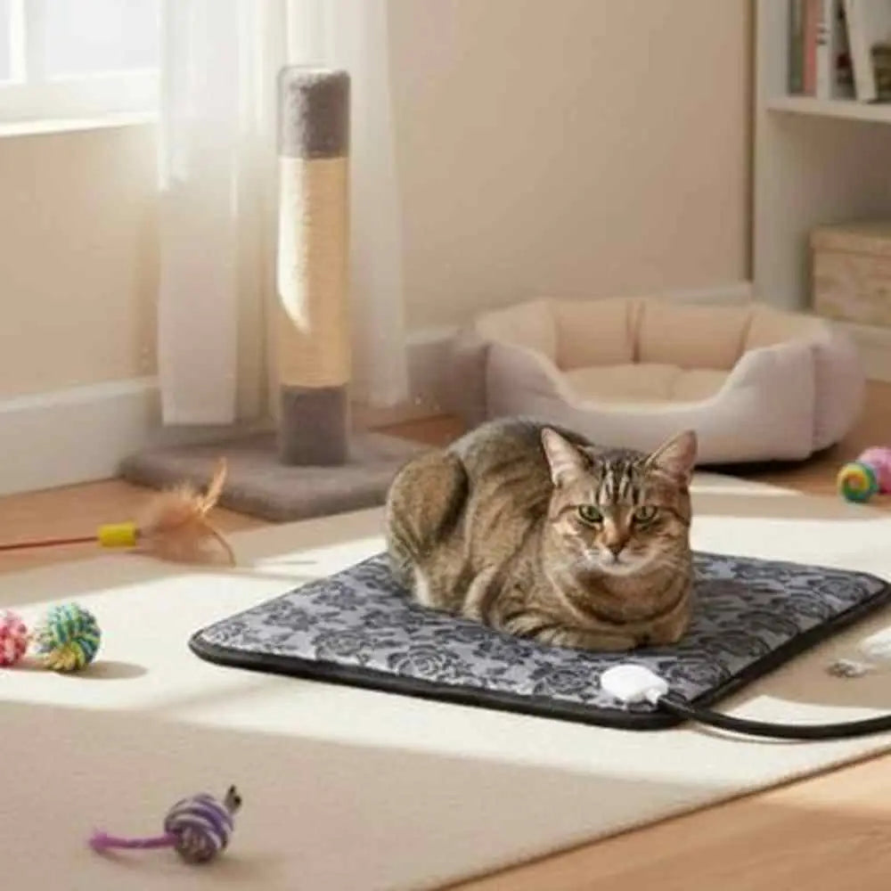 Tapis chauffant pour chat gris foncé à motif, bord noir, chat tigré assis.