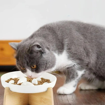 Gamelle anti-glouton pour chat DigestPro : bol blanc sur socle en bois, croquettes