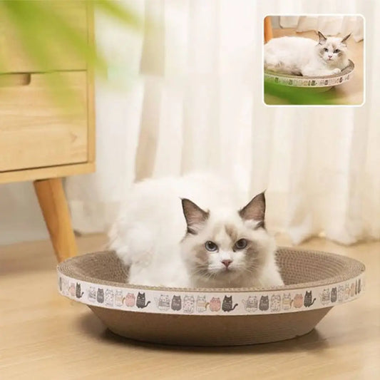 Griffoir pour chat en forme de bol, sisal brun et bord imprimé de chats.