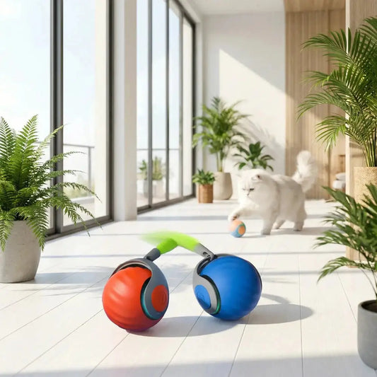Jouet interactif pour chat: deux balles bleue et orange, tige verte brossée