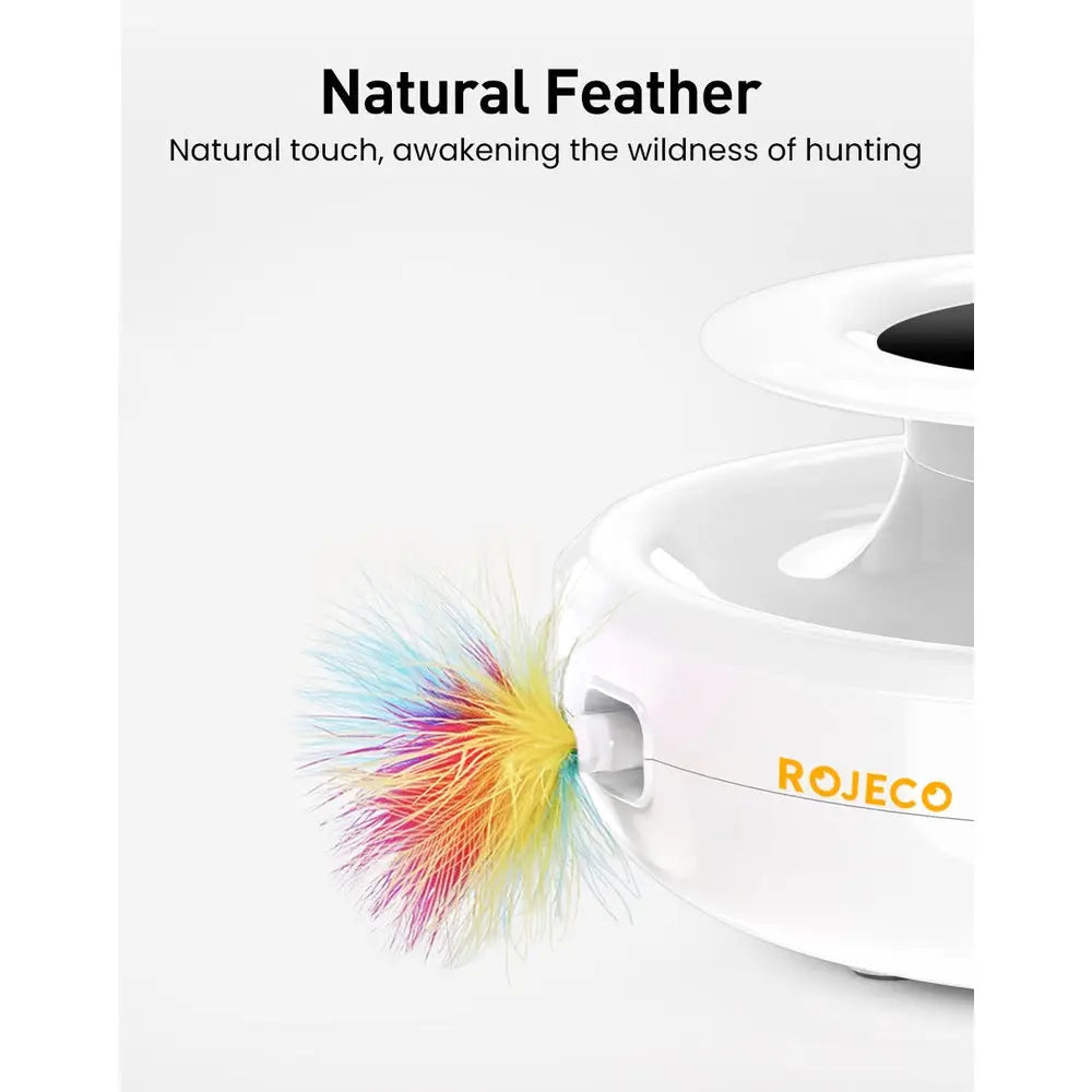 Jouet interactif pour chat : plume multicolore fixée sur socle blanc ROJECO.