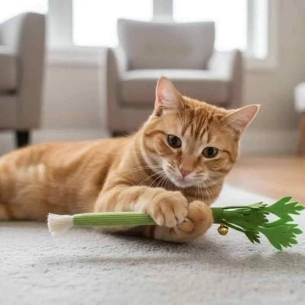 Bâton à mâcher pour chat vert à tige longue, feuilles vertes et clochette dorée
