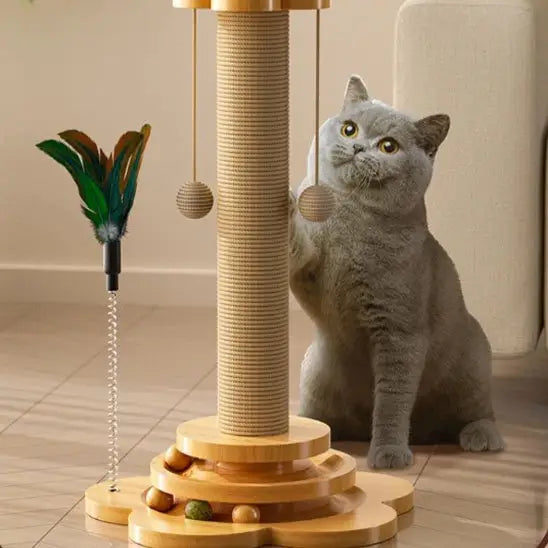 Arbre à chat en bois avec poteau en sisal, plateforme ronde et jouet à ficelles
