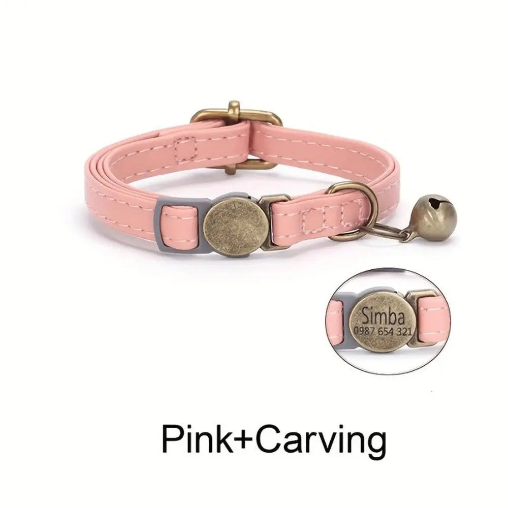 Collier pour chat rose en cuir PU avec plaque ronde gravée, anneau D et clochette