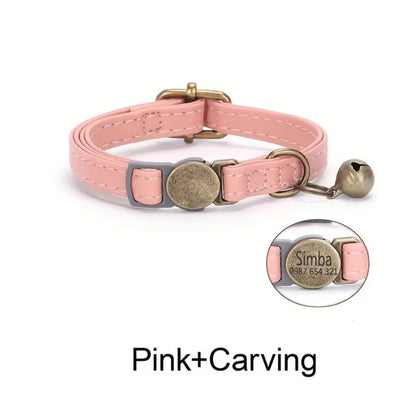 Collier pour chat rose en cuir PU avec plaque ronde gravée, anneau D et clochette