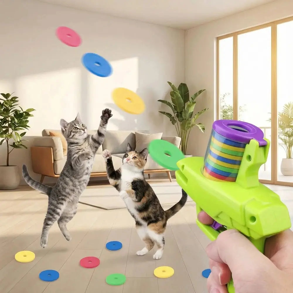 Pistolet lance-disques pour chat vert lime avec tambour arc-en-ciel et disques colorés