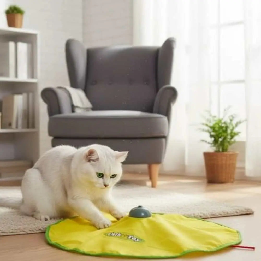 Tapis de jeu interactif jaune pour chat avec balle grise et ficelle rouge