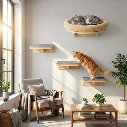 Arbre à chat mural en bois : trois plateformes et panier ovale pour chat