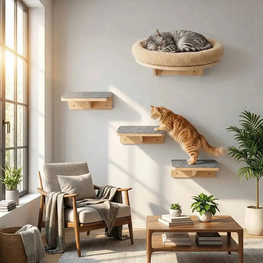 Arbre à chat mural en bois : trois plateformes et panier ovale pour chat
