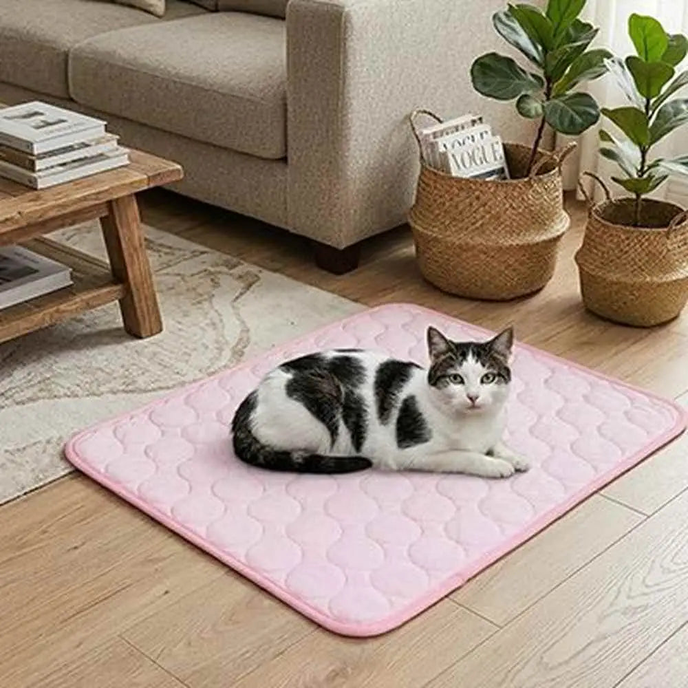 Tapis rafraîchissant rose à relief pour chat, avec chat tacheté couché