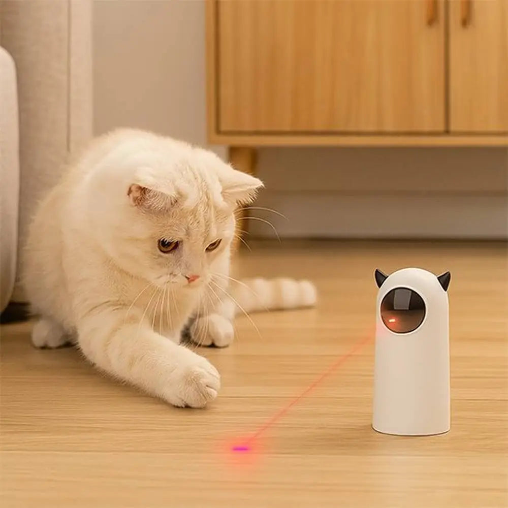 Jouet interactif pour chat PetPlay blanc, boîtier cylindrique à face noire