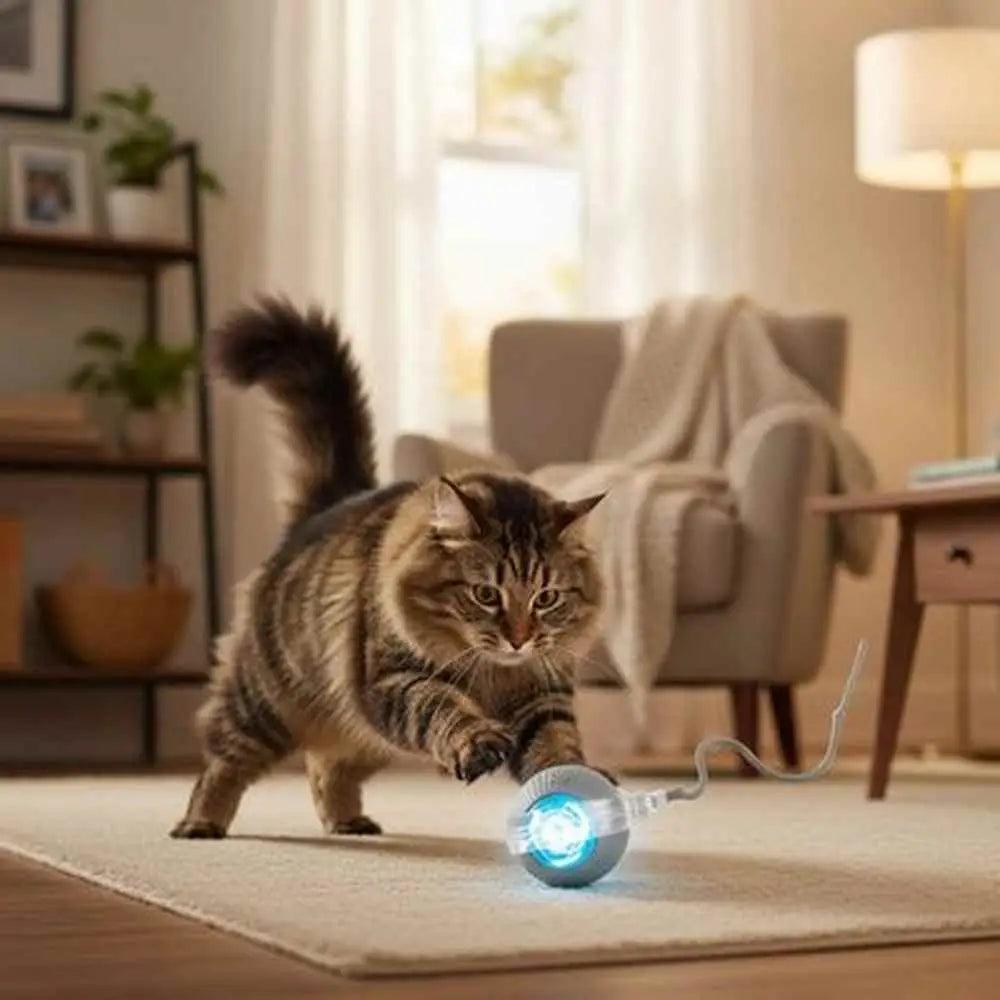 Balle interactive FélinJoy à lumière bleue, chat tigré près du jouet sur tapis