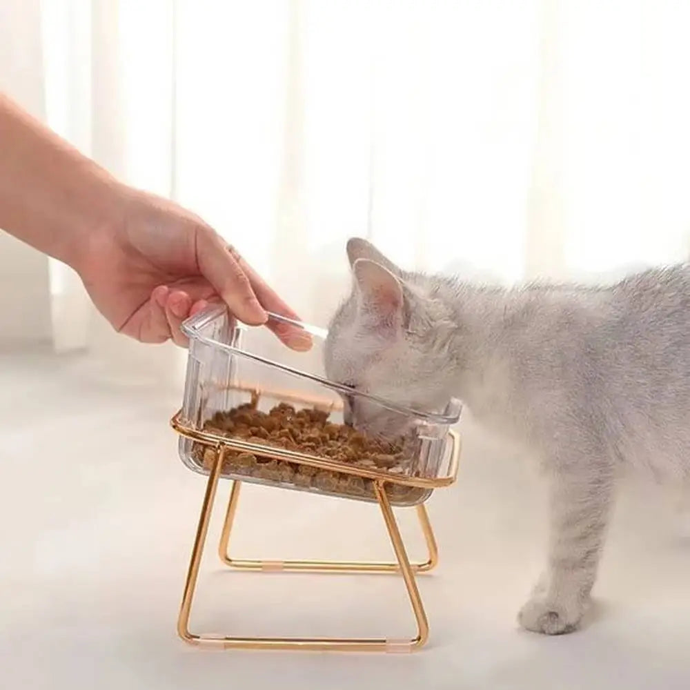 Gamelle pour chat double avec support métal doré, bacs transparents remplis de croquettes