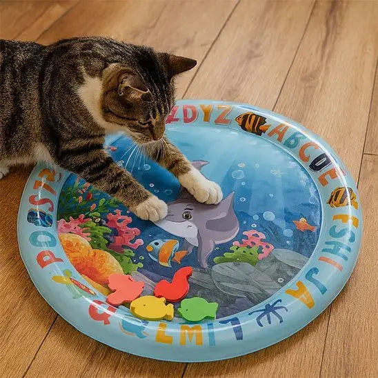 Jouet pour chat InteractiFelis rond bleu, impression animaux marins, bord transparent