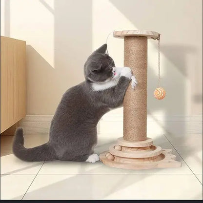 Arbre à chat en bois avec poteau à griffer en sisal et base ronde à étages