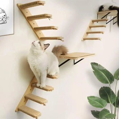 Arbre à chat mural en bois avec griffoirs en sisal et plateformes suspendues