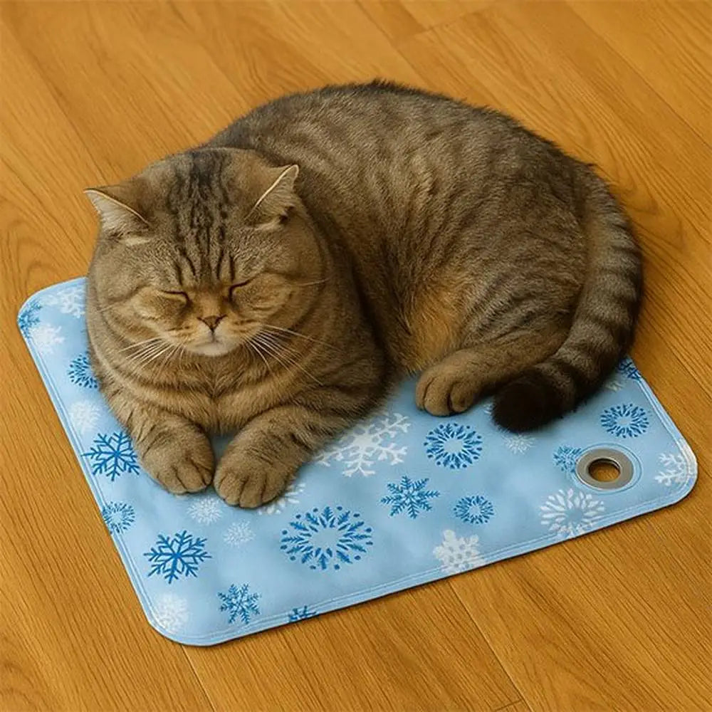 Tapis rafraîchissant pour chat bleu clair à motifs flocons, surface rectangulaire