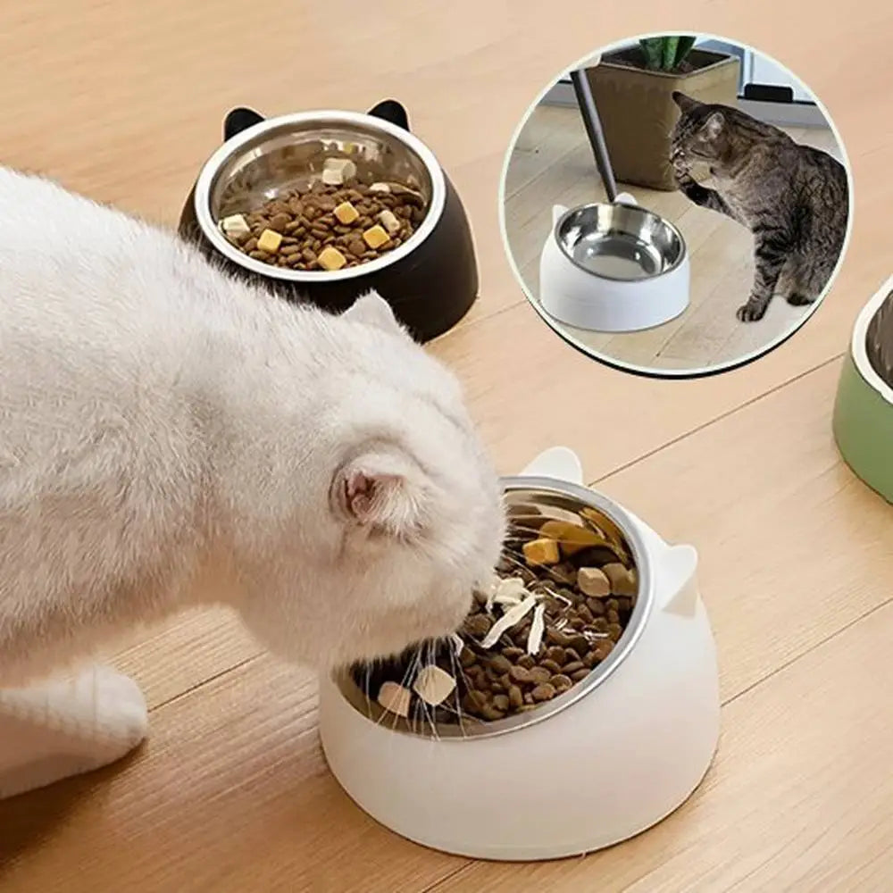 Gamelle pour chat ergonomique blanche avec bol intérieur en acier inoxydable.