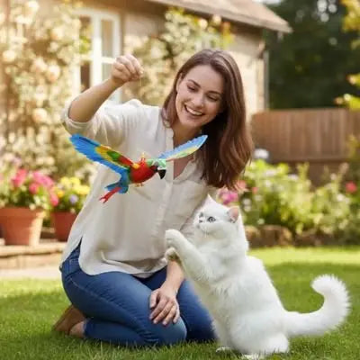 Jouet pour chat en forme d’oiseau multicolore bleu et rouge