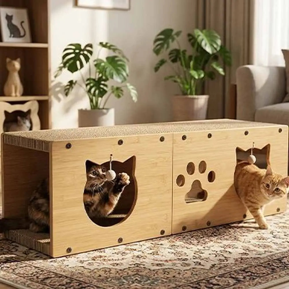 Griffoir pour chat en bois clair avec dessus texturé, ouvertures arrondies et pictogrammes de pattes