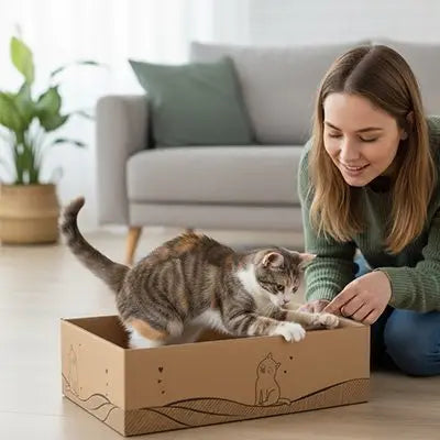 Griffoir pour chat en carton beige, chat tigré allongé, motif chat sur le côté.